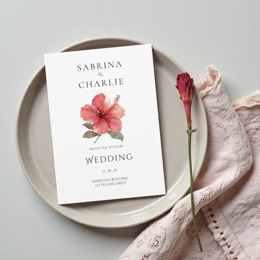 Coral Red Hibiscus Floral Tropical Wedding Einladung