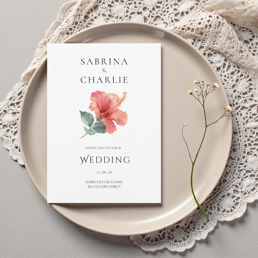 Coral Red Hibiscus Floral Tropical Wedding Einladung