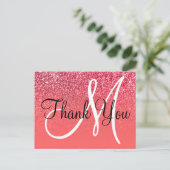 Coral Red Ombre Glitzer Monogram Vielen Dank Postkarte (Stehend Vorderseite)