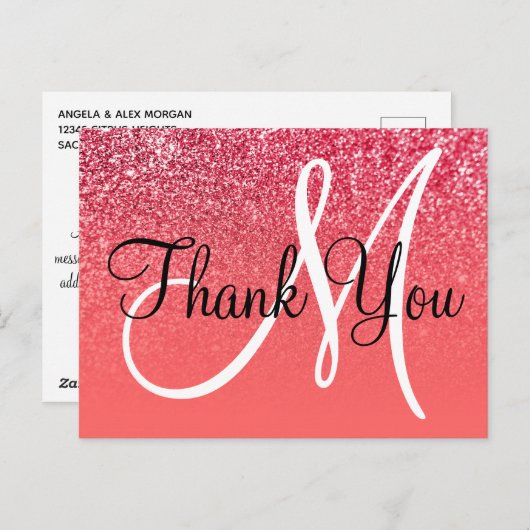 Coral Red Ombre Glitzer Monogram Vielen Dank Postkarte (Vorne/Hinten)
