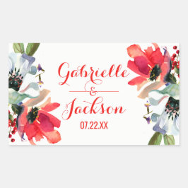 Coral Red Poppy Floral Wedding Monogram Rechteckiger Aufkleber