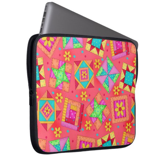Coral Red Quilt Block Art Laptop Sleeve (Vorne Rechts)