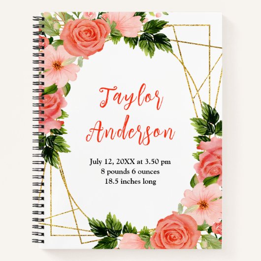 Coral Red Roses Floral Baby Birth Stats Notizblock (Vorderseite)