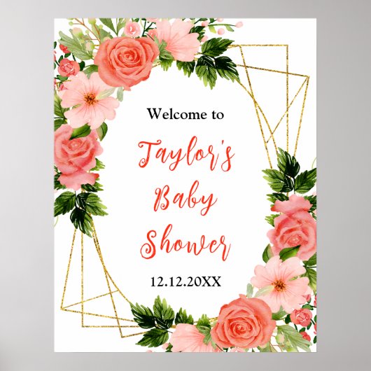 Coral Red Roses Floral Baby Shower Welcome Sign Poster (Vorne)
