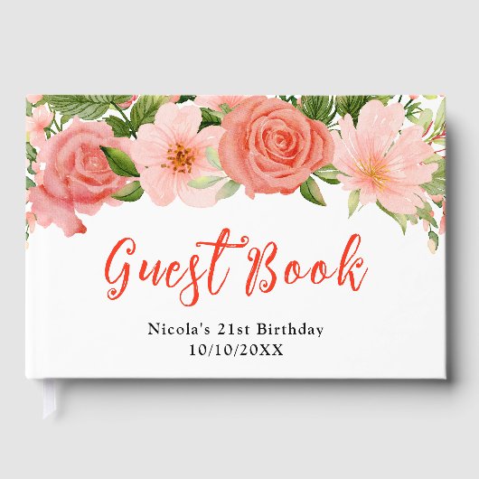 Coral Red Roses with Foliage Birthday Gästebuch (Vorderseite)