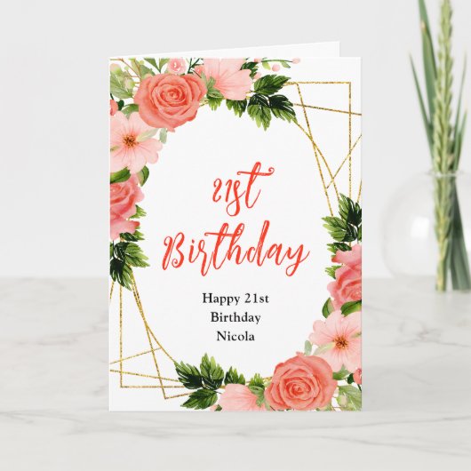 Coral Red Roses with Foliage Birthday Karte (Vorderseite)