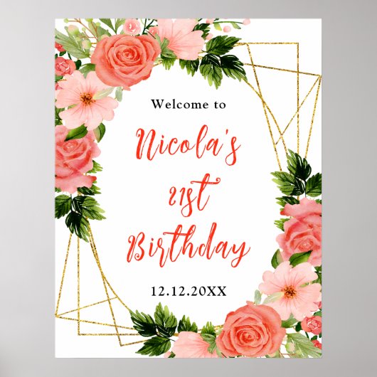 Coral Red Roses with Foliage Birthday Welcome Poster (Vorne)