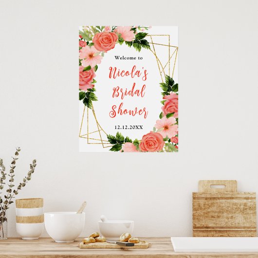 Coral Red Roses with Foliage Bridal Shower Welcome Poster (Küche)