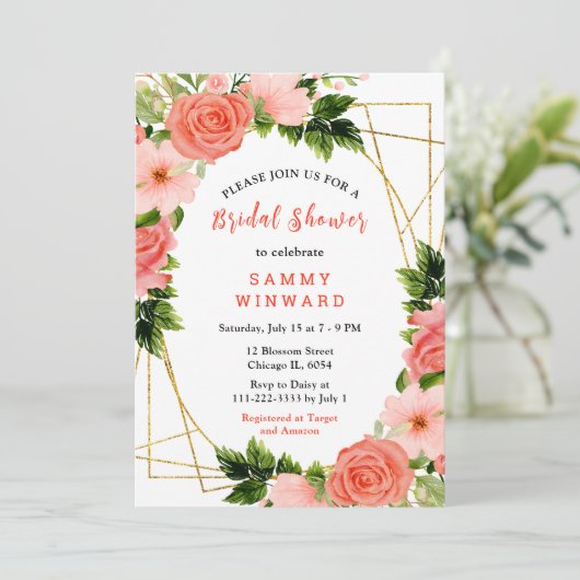 Coral Red Roses with Foliage Einladung (Stehend Vorderseite)