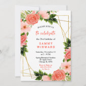 Coral Red Roses with Foliage Einladung (Vorderseite)