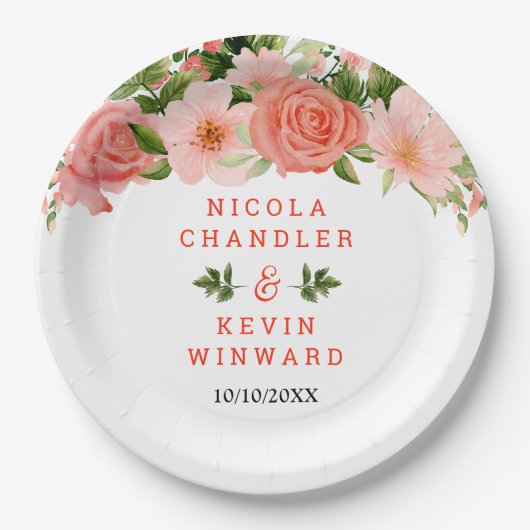 Coral Red Roses with Foliage Pappteller (Vorderseite)