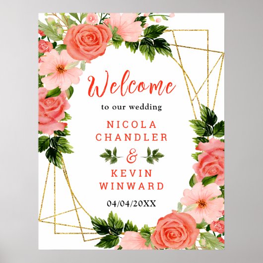 Coral Red Roses with Foliage Poster (Vorne)