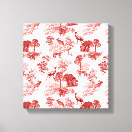 Coral Red Toile Stag Deer Fox Forest Pattern Leinwanddruck