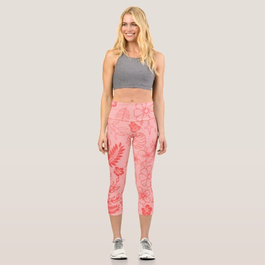 Coral Red Tropical Floral Pattern  Capri Leggings (Vorderseite)