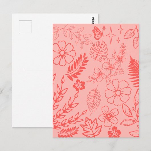 Coral Red Tropical Floral Pattern  Postkarte (Vorne/Hinten)