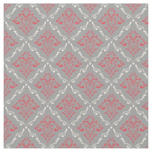 Coral Red und Cream Damask on Silver Gray Stoff (Nahaufnahme)