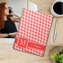 Coral Red White Hahnentrittmuster | Modernes Monog Notizblock