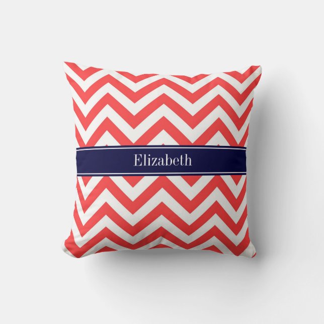 Coral Red White LG Chevron Navy Blue Name Monogram Kissen (Vorderseite)