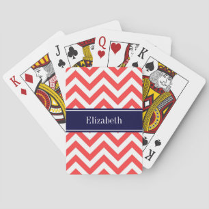 Coral Red White LG Chevron Navy Blue Name Monogram Spielkarten