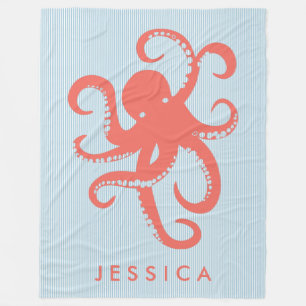 Coral Red White Niedlich Octopus Illustration Fleecedecke