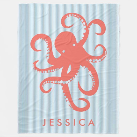 Coral Red White Niedlich Octopus Illustration Fleecedecke (Vorderseite)