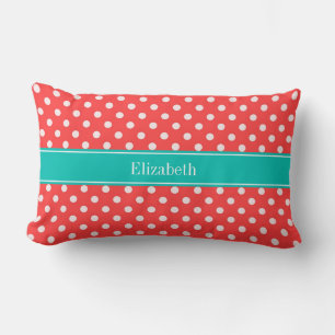 Coral Red, White Polka Dots Monogram, Aquamariner Lendenkissen