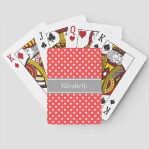 Coral Red, Wht Polka Dots Dark Gray Name Monogram Spielkarten