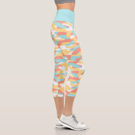 Coral Red Yellow Light Blue Camouflage Muster Capri Leggings