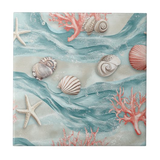Coral Reef Seashells & Aqua Waves Pattern (12) Fliese (Vorderseite)