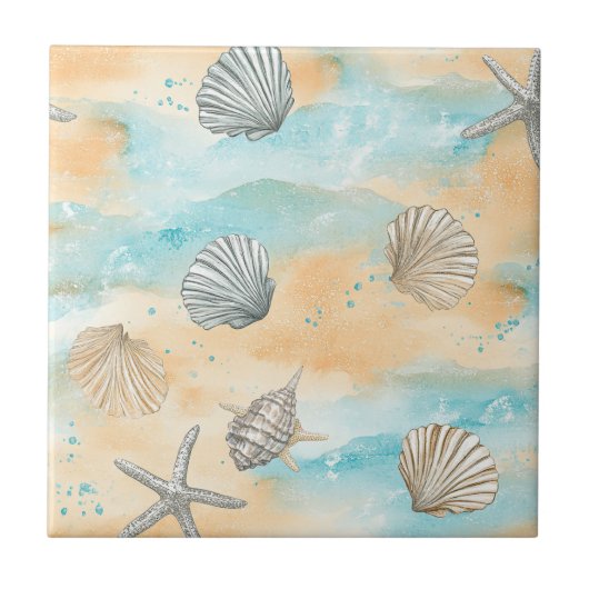 Coral Reef Seashells & Aqua Waves Pattern (5) Fliese (Vorderseite)