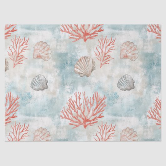 Coral Reef Seashells & Aqua Waves Pattern (7) Seidenpapier (Vorderseite)