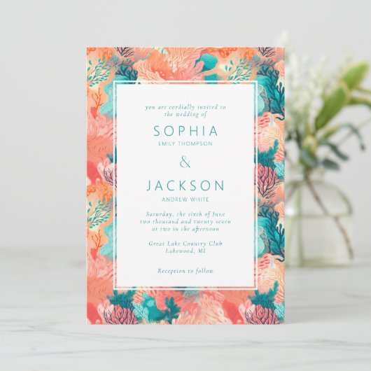 Coral Reef Vibrant Wedding Einladung (Stehend Vorderseite)