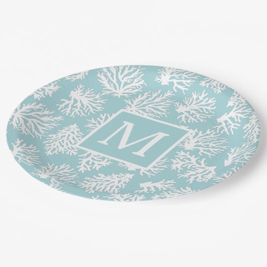 Coral Reefs Sommer Küstenstrandmonogramm Außenbere Pappteller (Schrägansicht)