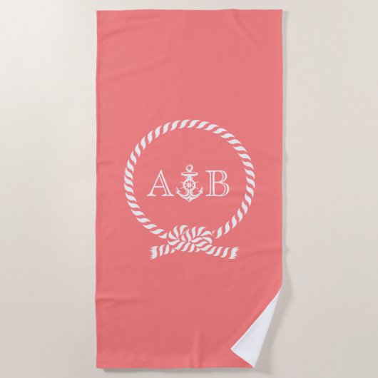Coral Rope and Anchor Mit Monogramm Strandtuch (Vorderseite)