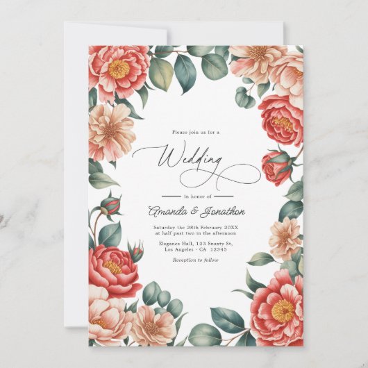 Coral Rose, Apricot Blush, and Soft Mint Wedding Einladung (Vorderseite)