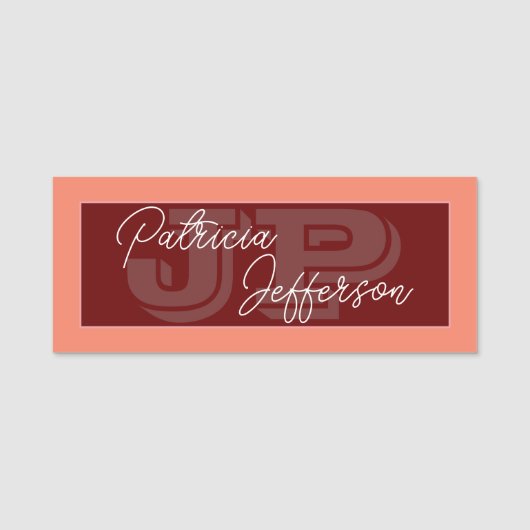 Coral Rose & Dark Red Mit Monogramm Handgeschriebe Namensschild (Vorderseite)
