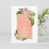 Coral Rose Floral Gold Border Brautparty Einladung (Stehend Vorderseite)