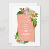 Coral Rose Floral Gold Border Brautparty Einladung (Vorne/Hinten)