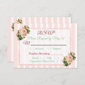 Coral Rose Floral Striped Wedding RSVP Karte (Vorne/Hinten)