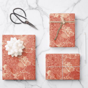 Coral Rose Gold Rote Marmortextur Geschenkpapier Set