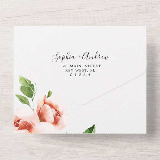 Coral Rose & Greenery Blätter Hochzeit All In One Einladung (Rückseite)