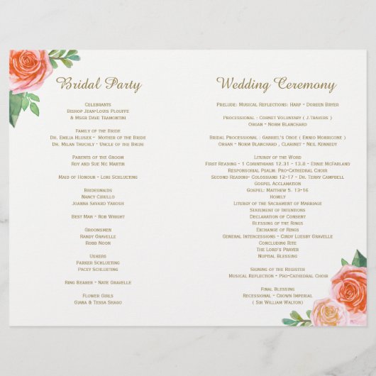 Coral Rose und Gold Glitzer Hochzeitsprogramme (Rückseite)