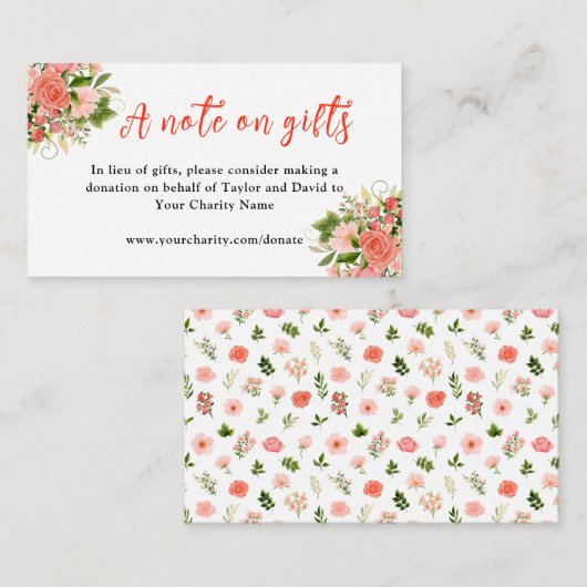 Coral Roses with Foliage Wedding A Note On Gifts Begleitkarte (Vorne/Hinten)