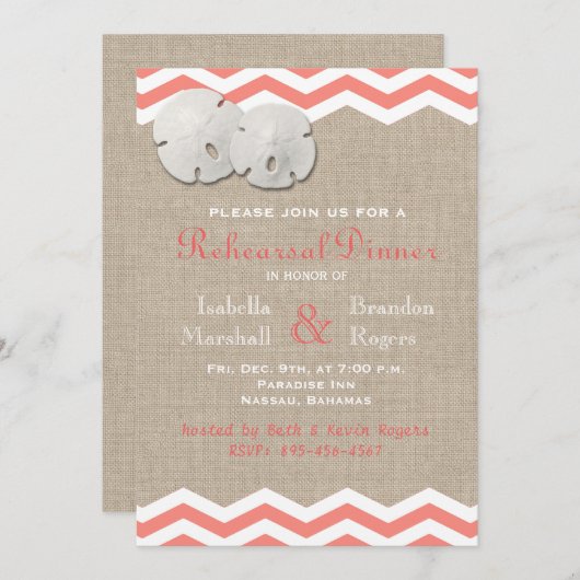 Coral Sand Dollar & Zickzack Probe Abendessen Einladung (Vorne/Hinten)