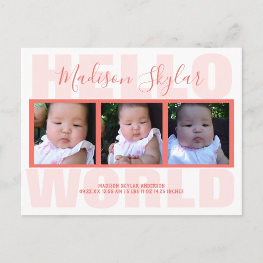 Coral Script Hello World Typografy 3 Foto Ankündigungspostkarte (Vorderseite)