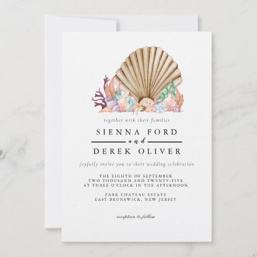 Coral & Seashell Beach Wedding Einladung (Vorderseite)