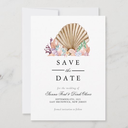 Coral & Seashell Beach Wedding Save The Date (Vorderseite)