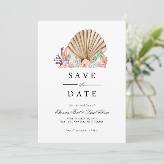 Coral & Seashell Beach Wedding Save The Date (Stehend Vorderseite)