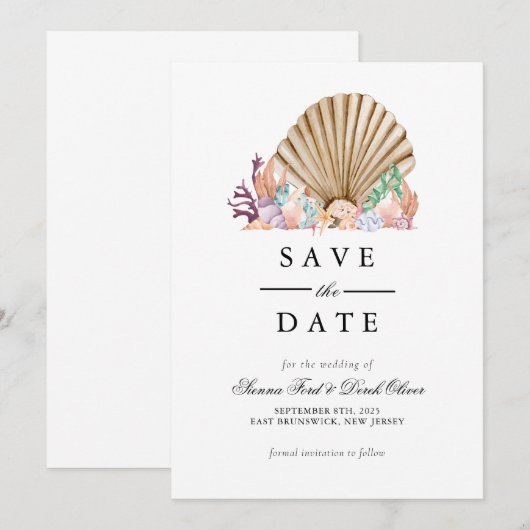 Coral & Seashell Beach Wedding Save The Date (Vorne/Hinten)