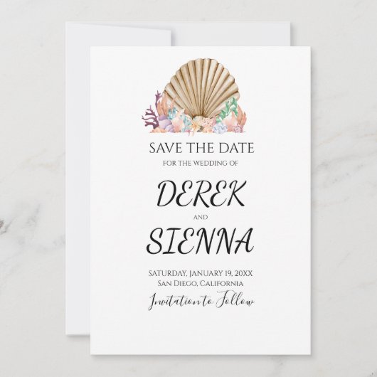 Coral & Seashell Beach Wedding Save The Date (Vorderseite)